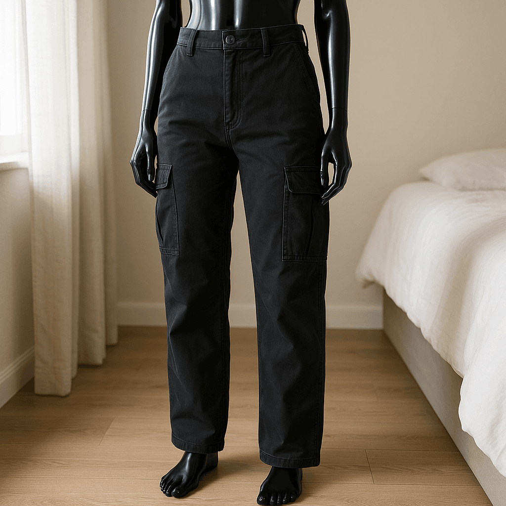 a glossy black plastic mannequin with no facial features in Čierne cargo džínsy standing straight facing the camera, with a slim body type, in a softly lit bedroom setting, with gentle natural light filtering through a window.