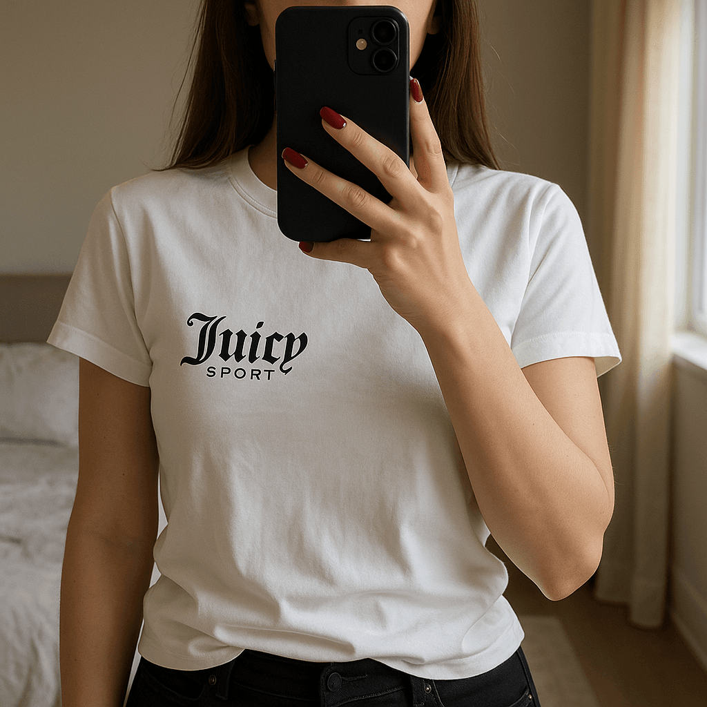 Biele tričko Juicy Couture standing straight facing the camera, in a softly lit bedroom setting, with gentle natural light filtering through a window.