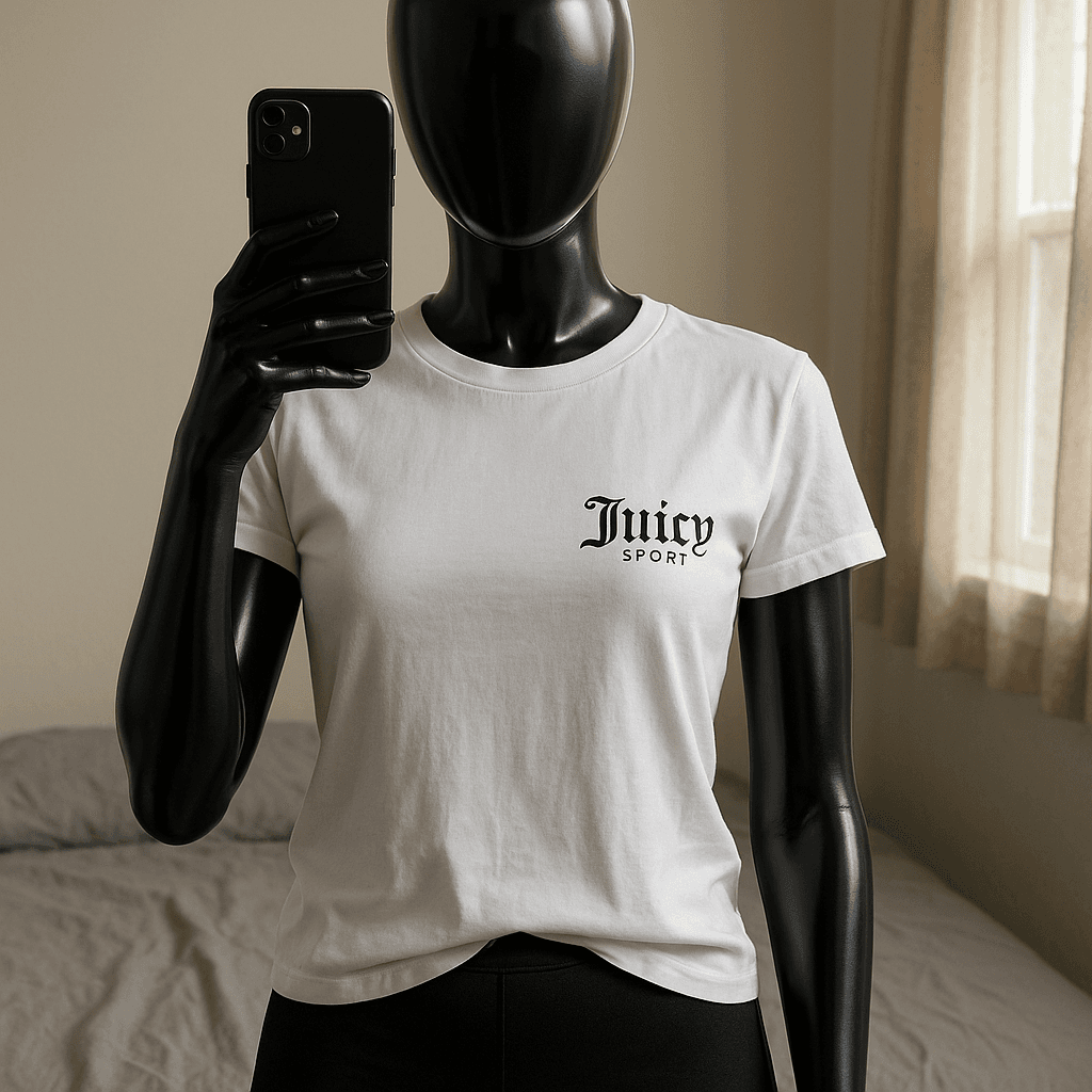 a glossy black plastic mannequin with no facial features in Biele tričko Juicy Couture standing straight facing the camera, with a slim body type, in a softly lit bedroom setting, with gentle natural light filtering through a window.