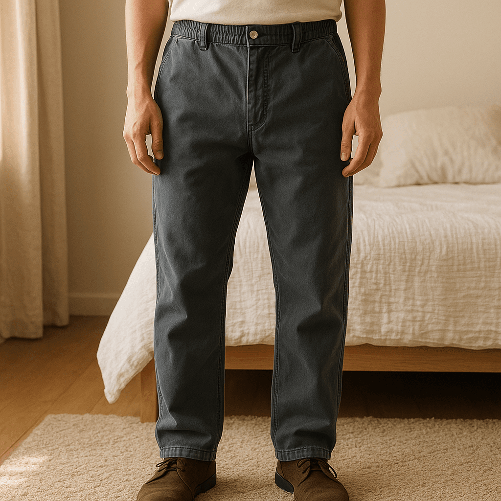 H&M Grey Trousers standing straight facing the camera, in a softly lit bedroom setting, with gentle natural light filtering through a window.