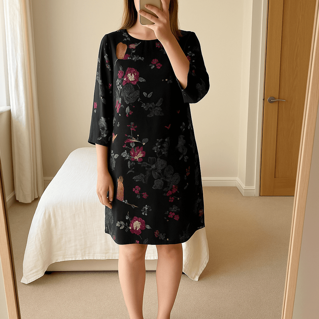 Joules Lyris Floaty Lined Black Woodland Floral Tunic Style Dress - Size 10 standing straight facing the camera, in a softly lit bedroom setting, with gentle natural light filtering through a window.