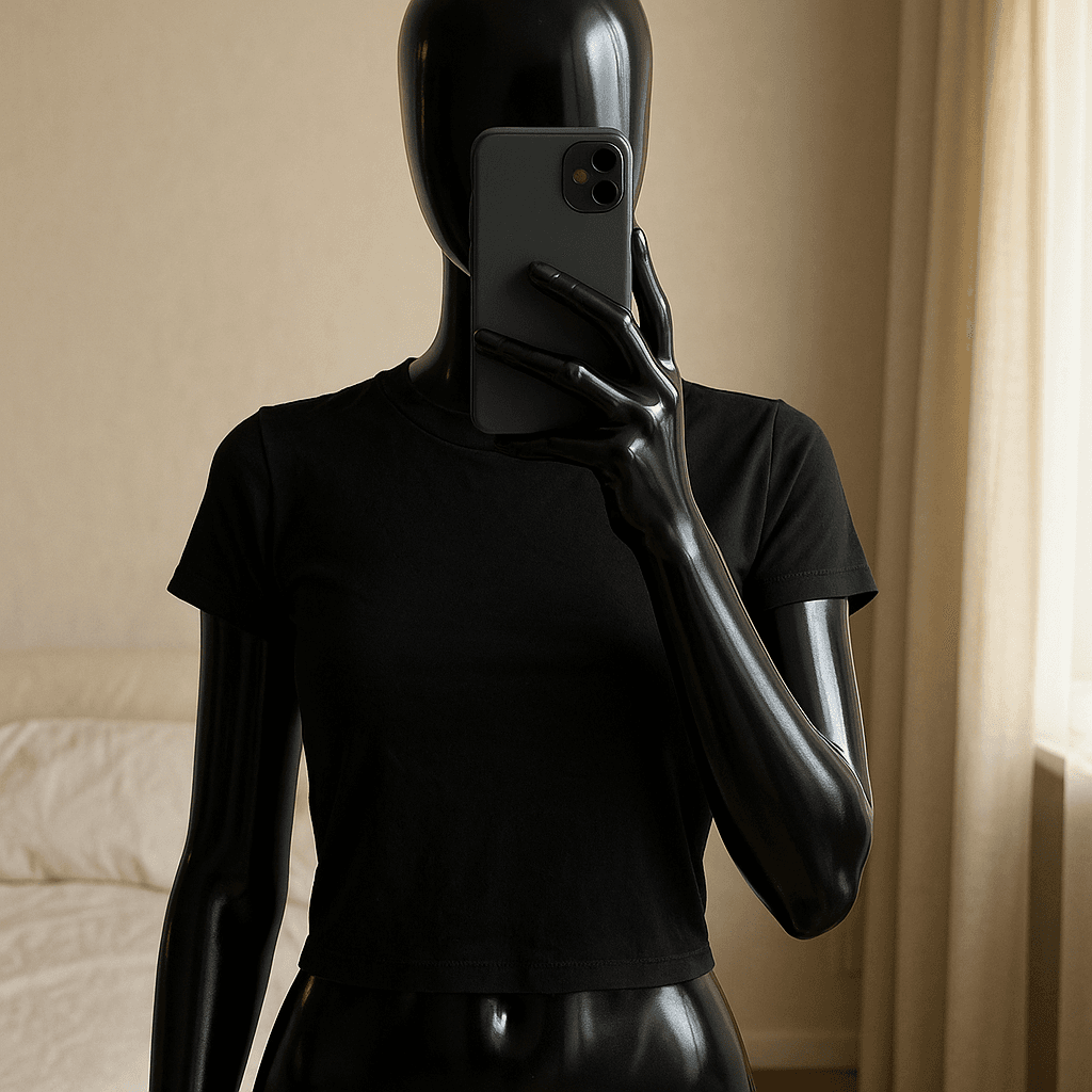 a glossy black plastic mannequin with no facial features in Čierny crop top Zara standing straight facing the camera, with a slim body type, in a softly lit bedroom setting, with gentle natural light filtering through a window.