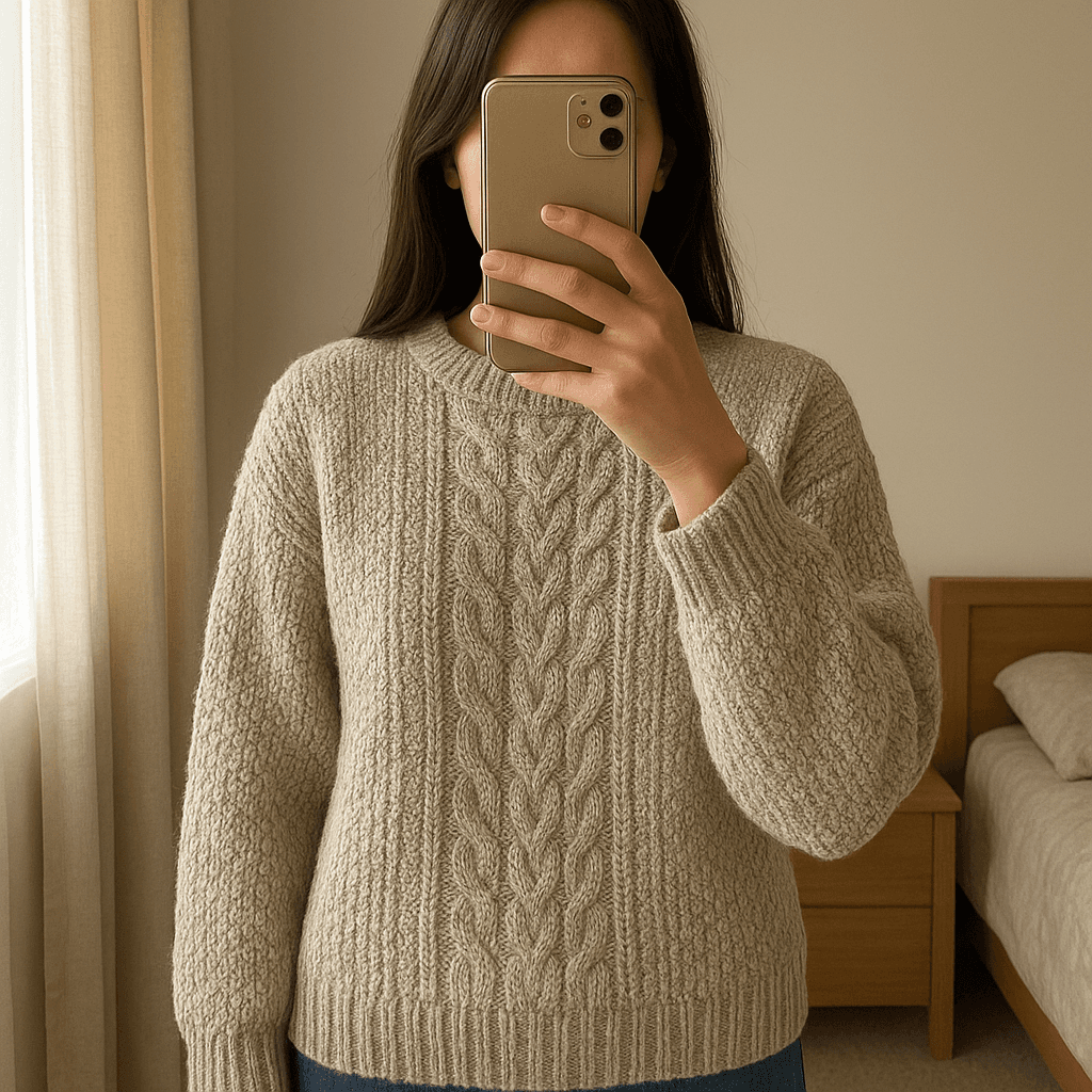 Maglioncino Stradivarius in piedi, rivolto verso la fotocamera, in una camera da letto con luce soffusa e luce naturale che filtra dalla finestra.