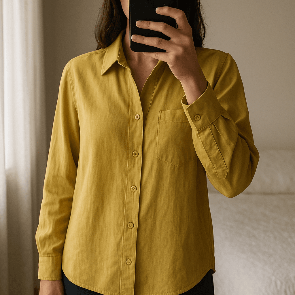 Next lime/yellow silky ong length shirt. standing straight facing the camera, in a softly lit bedroom setting, with gentle natural light filtering through a window.