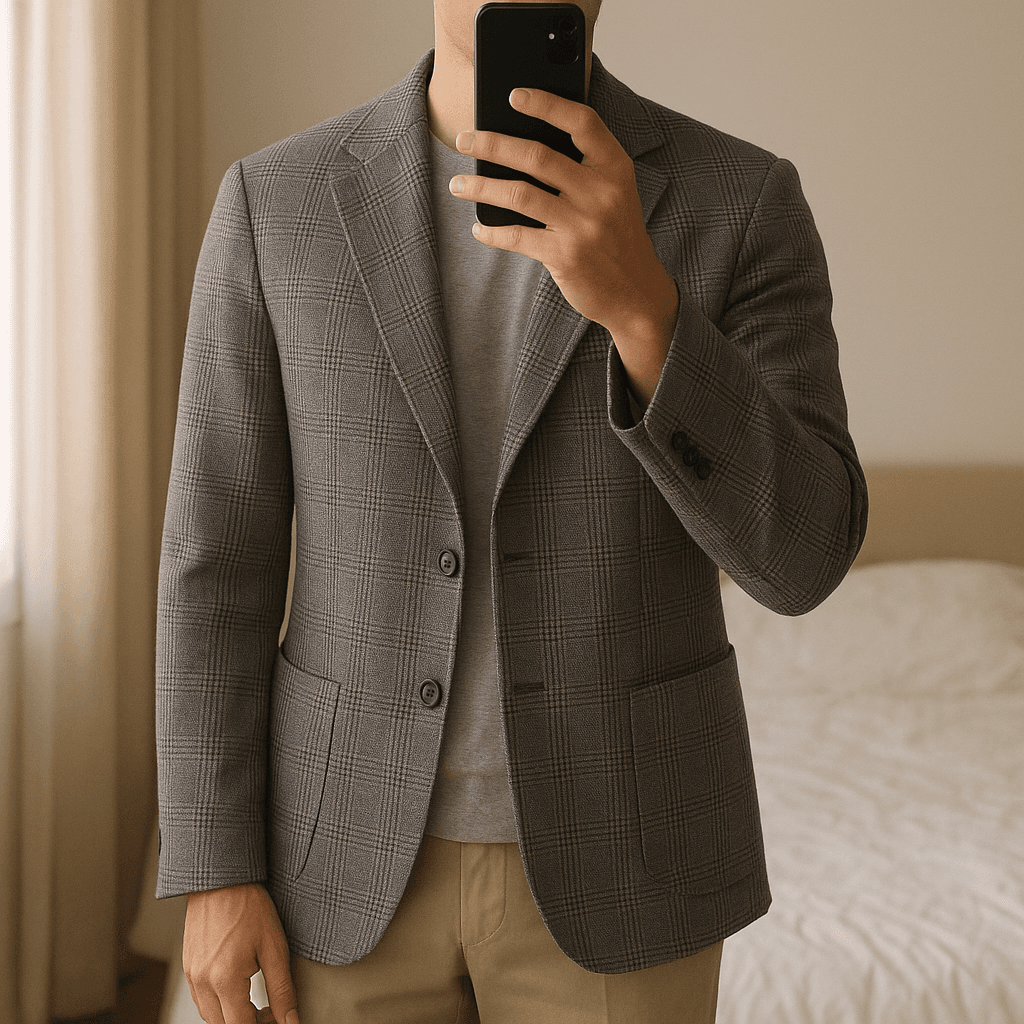 Herren Blazer kariert –  klassisch & elegant aufrecht stehend, der Kamera zugewandt, in einem sanft beleuchteten Schlafzimmer, mit natürlichem Licht, das durch ein Fenster fällt.