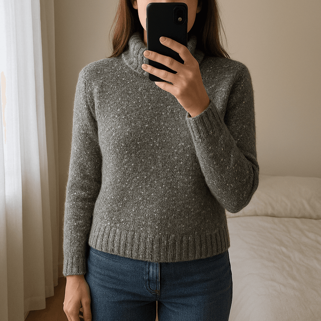 Roll neck jumper standing straight facing the camera, in a softly lit bedroom setting, with gentle natural light filtering through a window.