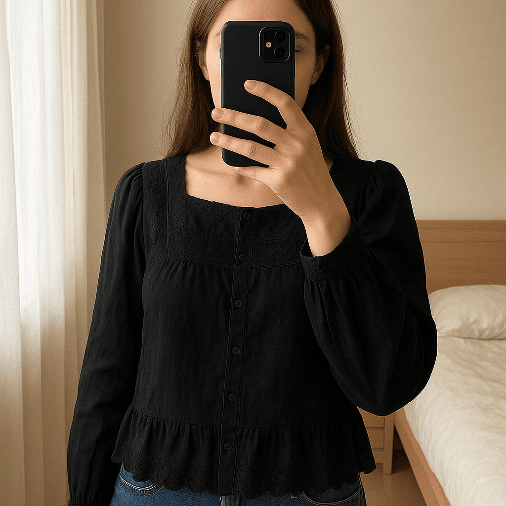 Camicia corta in piedi, rivolto verso la fotocamera, in una camera da letto con luce soffusa e luce naturale che filtra dalla finestra.