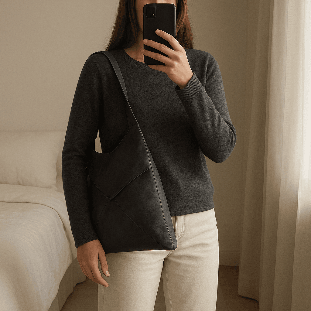 Borsa donna artigianale in ecopelle nera/grigia – 40x40 cm, Made in Italy in piedi, rivolto verso la fotocamera, in una camera da letto con luce soffusa e luce naturale che filtra dalla finestra.