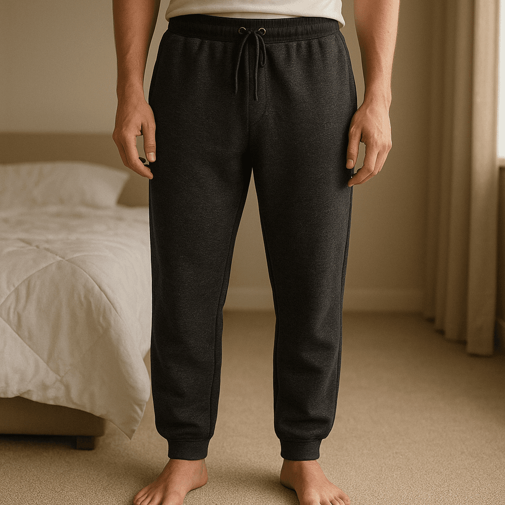 Dunkelgraue Jogginghose – weich & gemütlich aufrecht stehend, der Kamera zugewandt, in einem sanft beleuchteten Schlafzimmer, mit natürlichem Licht, das durch ein Fenster fällt.