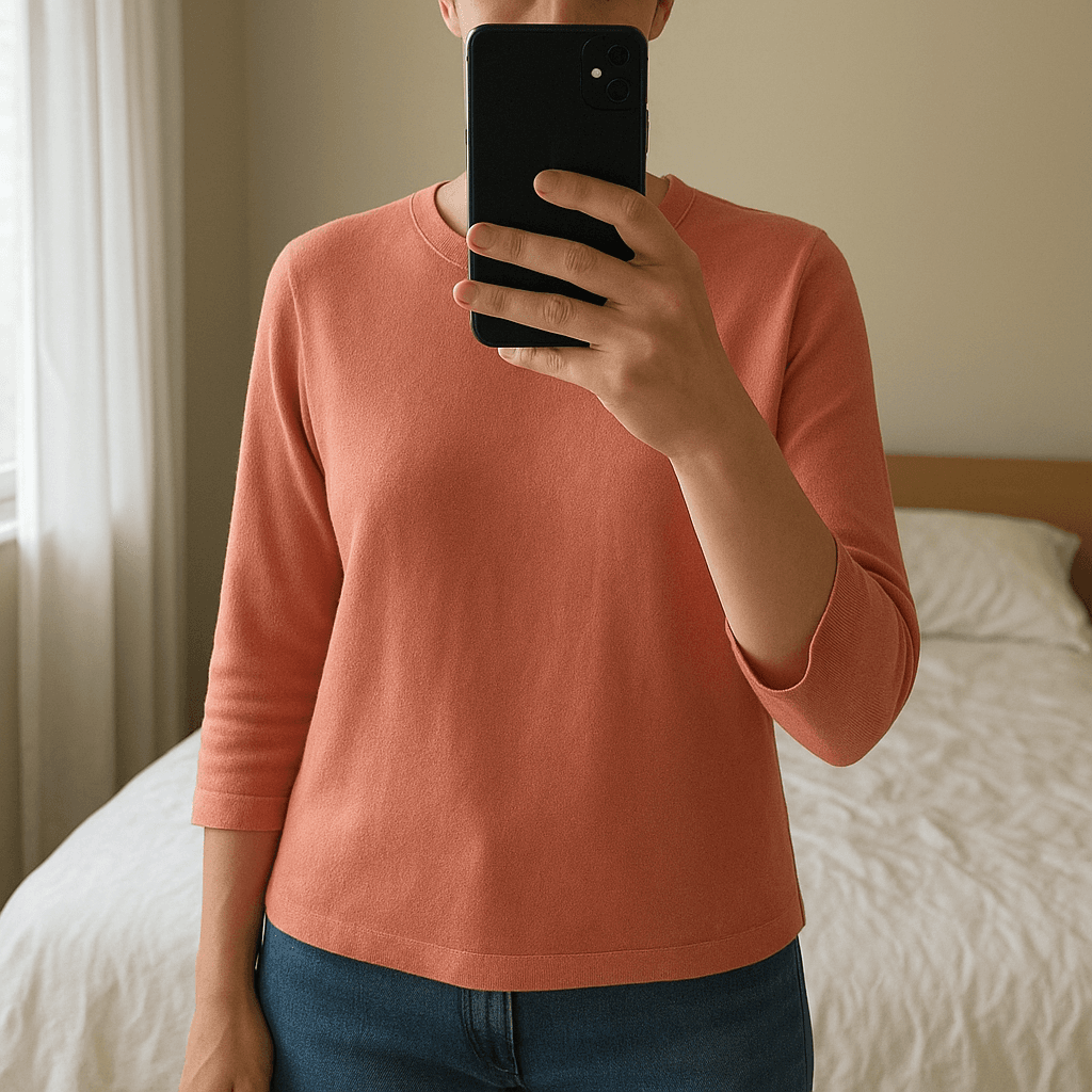 Weiches Oberteil in Altrosa – Größe M aufrecht stehend, der Kamera zugewandt, in einem sanft beleuchteten Schlafzimmer, mit natürlichem Licht, das durch ein Fenster fällt.