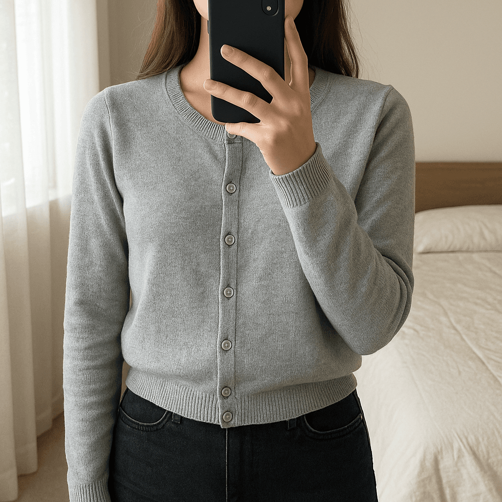 Supersoft angora blend cardigan size 10/M standing straight facing the camera, in a softly lit bedroom setting, with gentle natural light filtering through a window.
