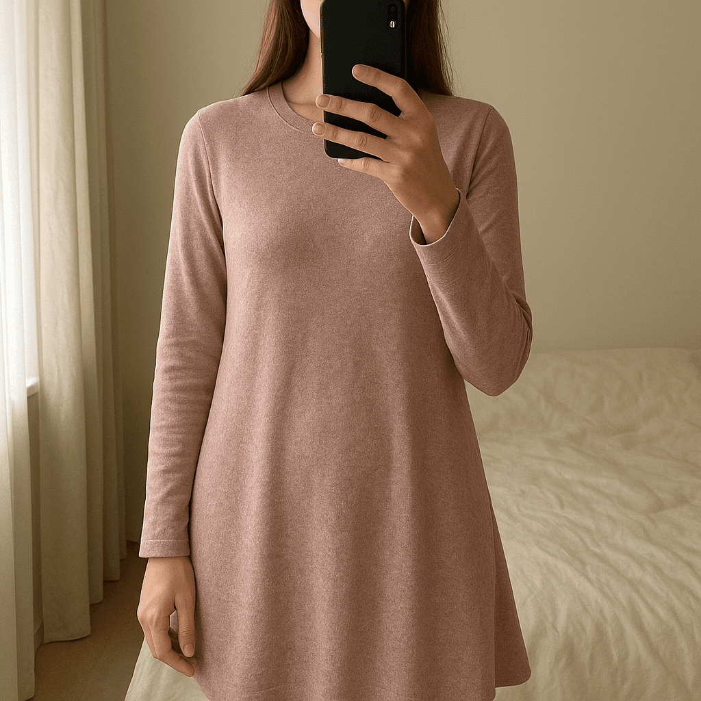 Weicher langer pulli in Rosé – Größe M aufrecht stehend, der Kamera zugewandt, in einem sanft beleuchteten Schlafzimmer, mit natürlichem Licht, das durch ein Fenster fällt.