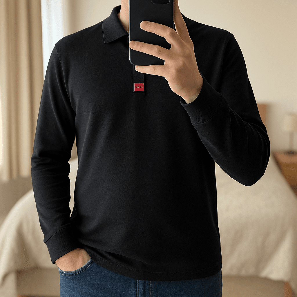 Hugo Boss Men's Deresolo Slim Fit Black Logo Long Sleeve Polo Shirt - XXL standing straight facing the camera, in a softly lit bedroom setting, with gentle natural light filtering through a window.