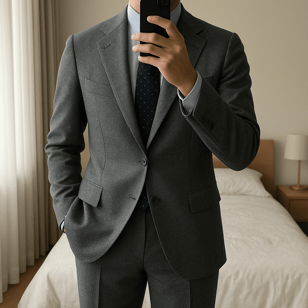 Pantalone uomo pura lana flanella grigio medio Lanificio Campore taglia 46-62 in piedi, rivolto verso la fotocamera, in una camera da letto con luce soffusa e luce naturale che filtra dalla finestra.