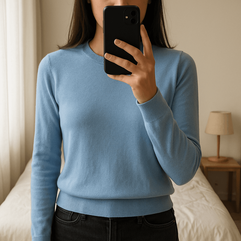 Sky Blue cotton blend sweater size 8/10 standing straight facing the camera, in a softly lit bedroom setting, with gentle natural light filtering through a window.