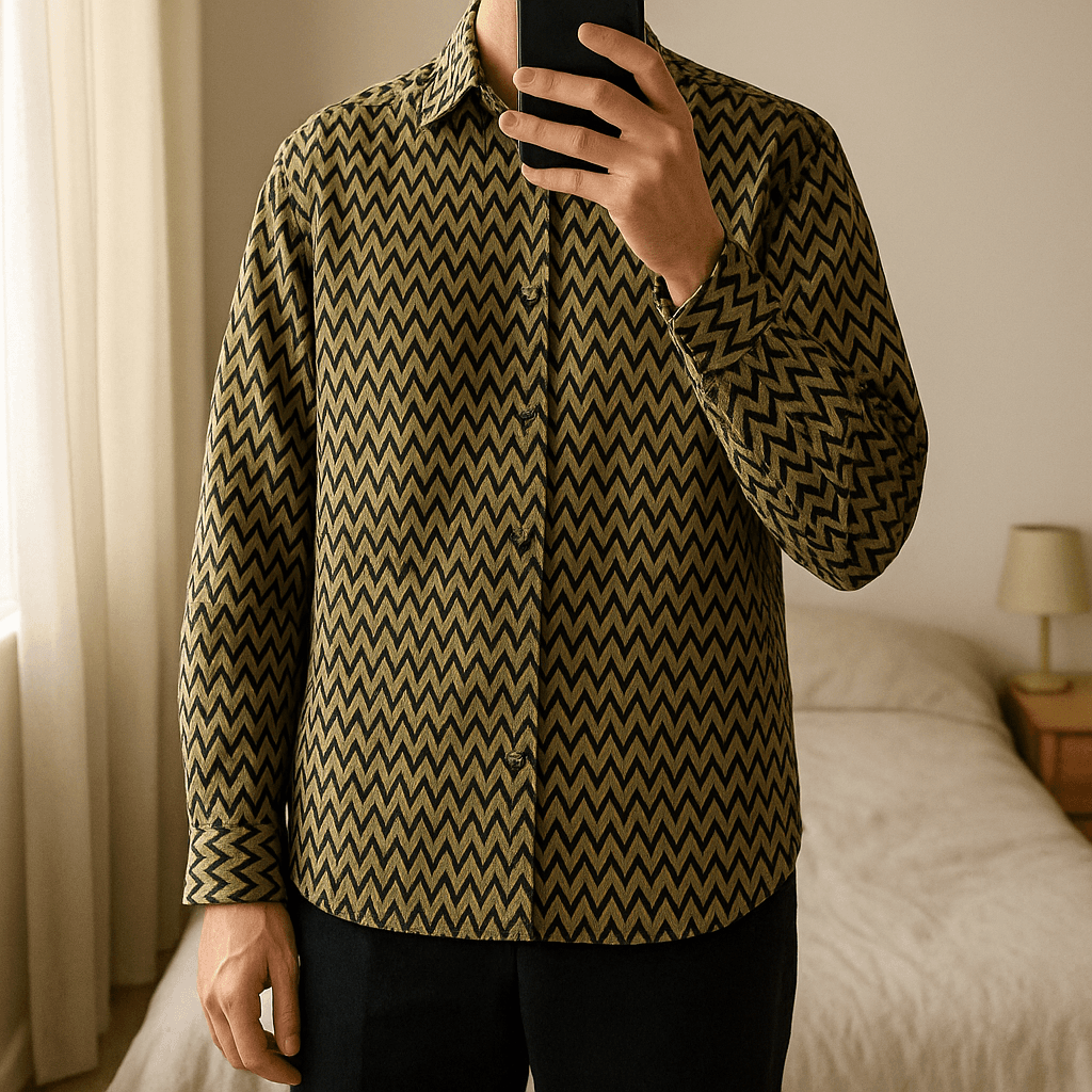 Camicia Zara con stampa geometrica in piedi, rivolto verso la fotocamera, in una camera da letto con luce soffusa e luce naturale che filtra dalla finestra.