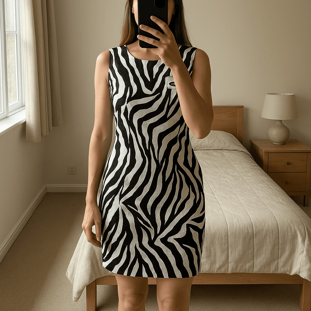 Vintage D&G zebra dress size 8 standing straight facing the camera, in a softly lit bedroom setting, with gentle natural light filtering through a window.