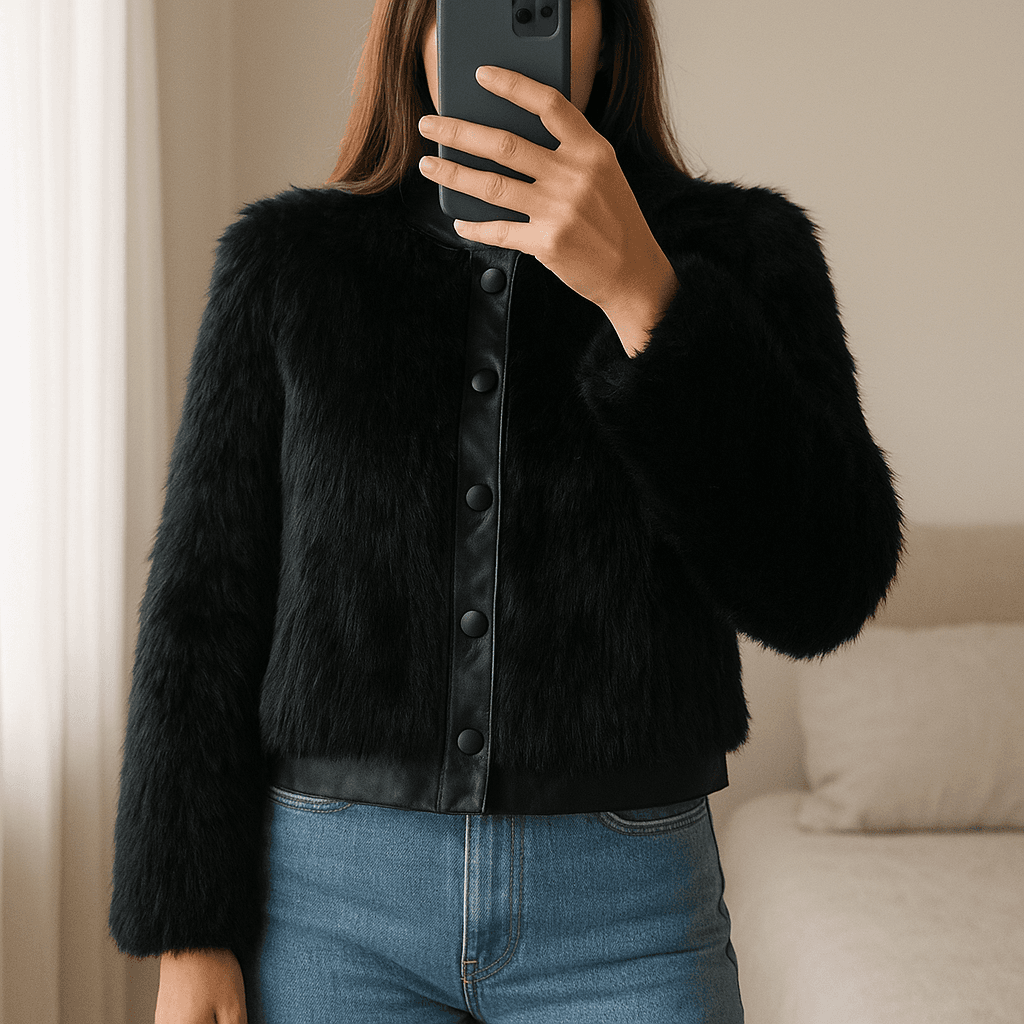 Pelliccia sintetica Twinset in piedi, rivolto verso la fotocamera, in una camera da letto con luce soffusa e luce naturale che filtra dalla finestra.