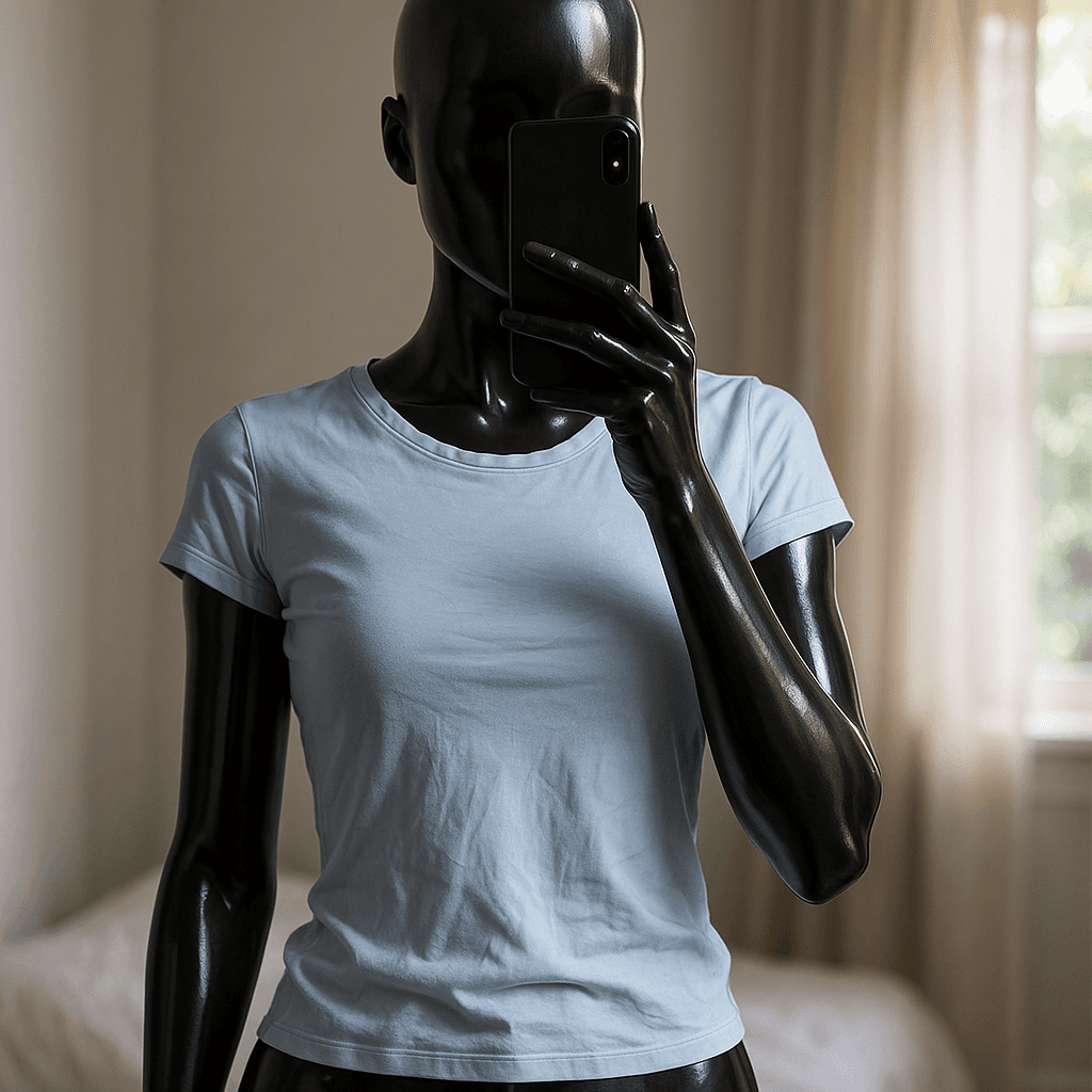 a glossy black plastic mannequin with no facial features in Skims dupe tričko H&M standing straight facing the camera, with a slim body type, in a softly lit bedroom setting, with gentle natural light filtering through a window.