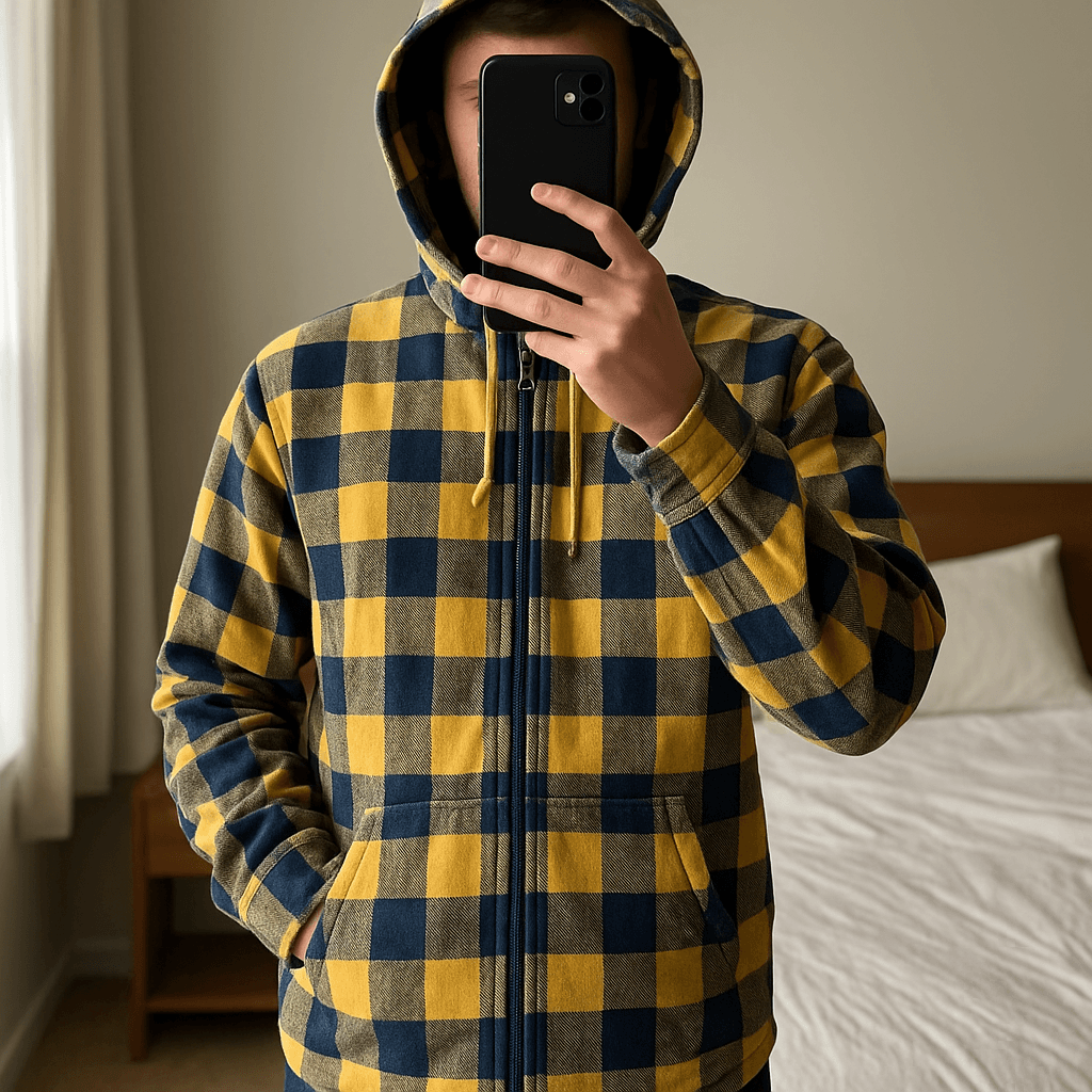 Brand New Gent’s Shirt Style Jacket standing straight facing the camera, in a softly lit bedroom setting, with gentle natural light filtering through a window.