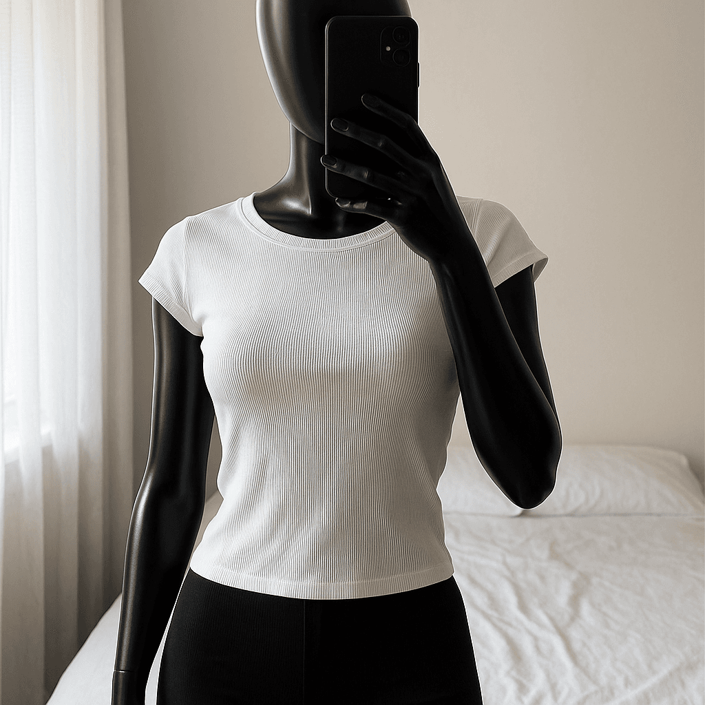 a glossy black plastic mannequin with no facial features in Biely a čierny top Stradivarius standing straight facing the camera, with a slim body type, in a softly lit bedroom setting, with gentle natural light filtering through a window.