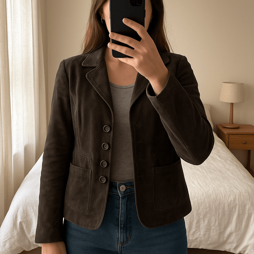 Blazer cintré gris femme M - Giacca blazer in piedi, rivolto verso la fotocamera, in una camera da letto con luce soffusa e luce naturale che filtra dalla finestra.