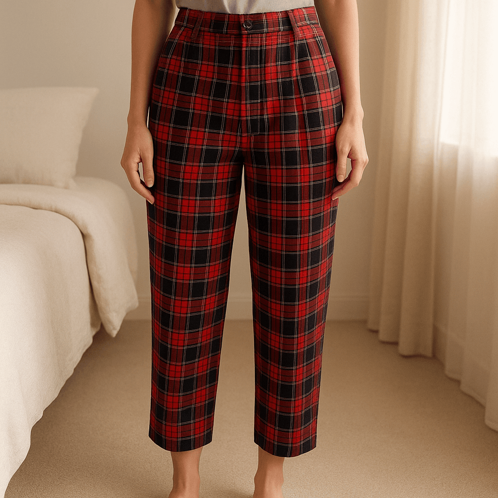 Pantaloni a quadri in piedi, rivolto verso la fotocamera, in una camera da letto con luce soffusa e luce naturale che filtra dalla finestra.