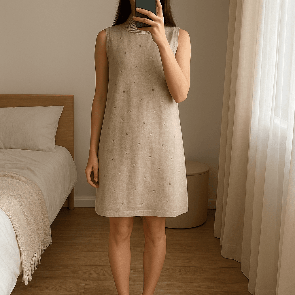 Vestito Zara in piedi, rivolto verso la fotocamera, in una camera da letto con luce soffusa e luce naturale che filtra dalla finestra.
