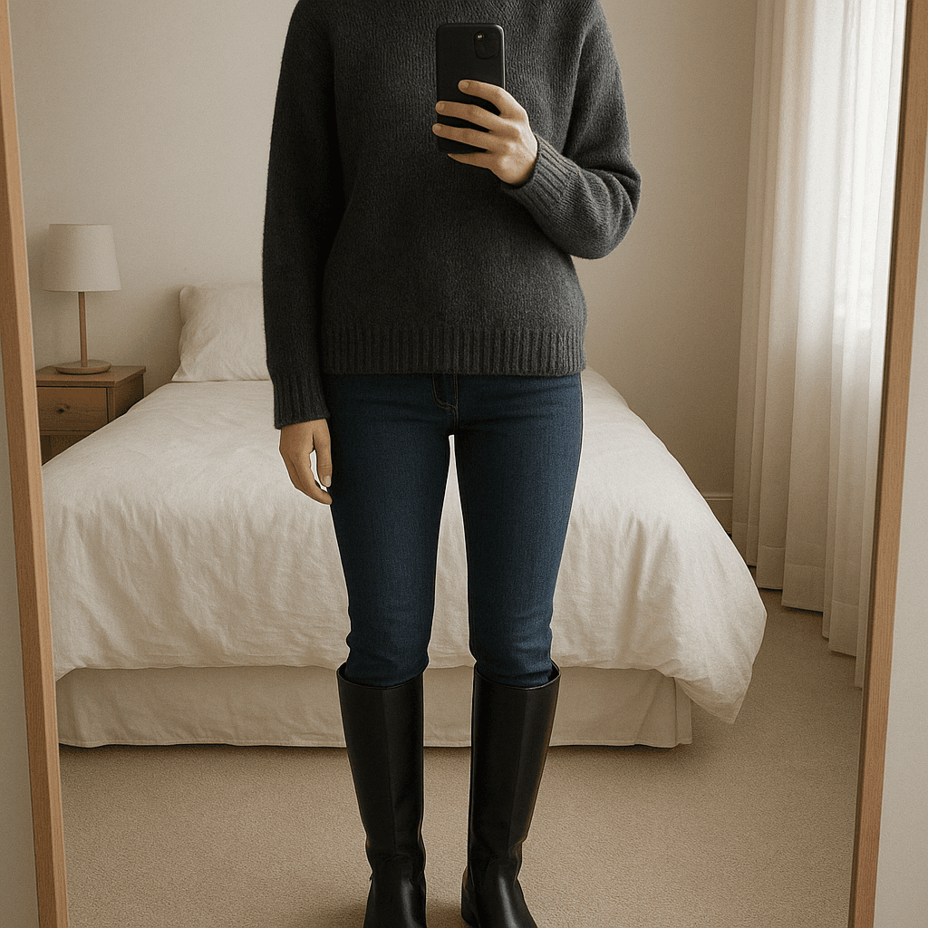 Weitschaftstiefel Evans 42 weit schwarz Schaft dehnbar Reißverschluss aufrecht stehend, der Kamera zugewandt, in einem sanft beleuchteten Schlafzimmer, mit natürlichem Licht, das durch ein Fenster fällt.