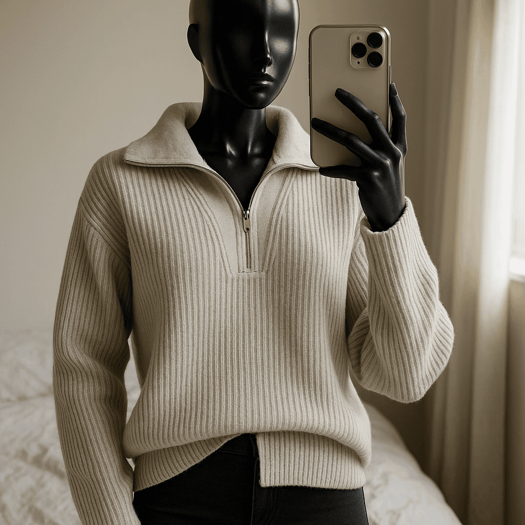 a glossy black plastic mannequin with no facial features in Béžový kardigán so zipsom standing straight facing the camera, with a slim body type, in a softly lit bedroom setting, with gentle natural light filtering through a window.