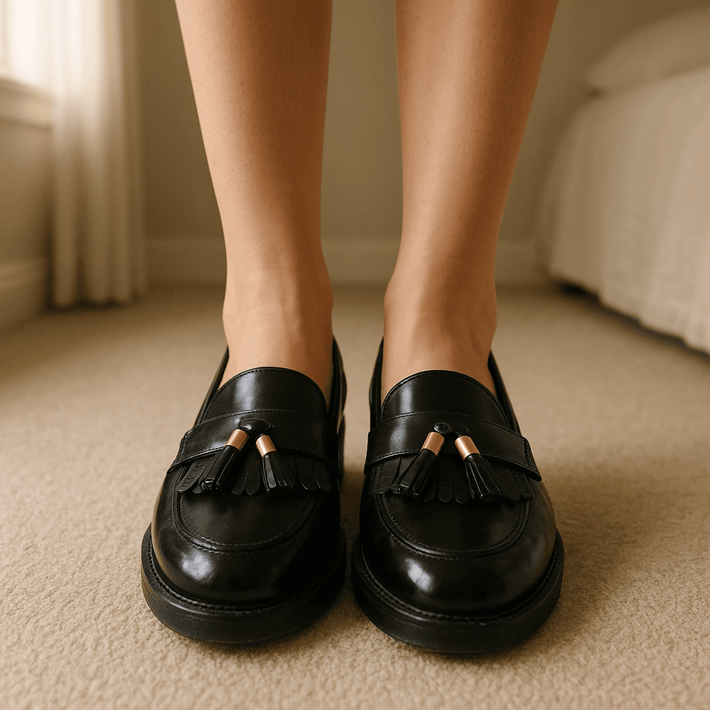 Patent loafers standing straight facing the camera, in a softly lit bedroom setting, with gentle natural light filtering through a window.