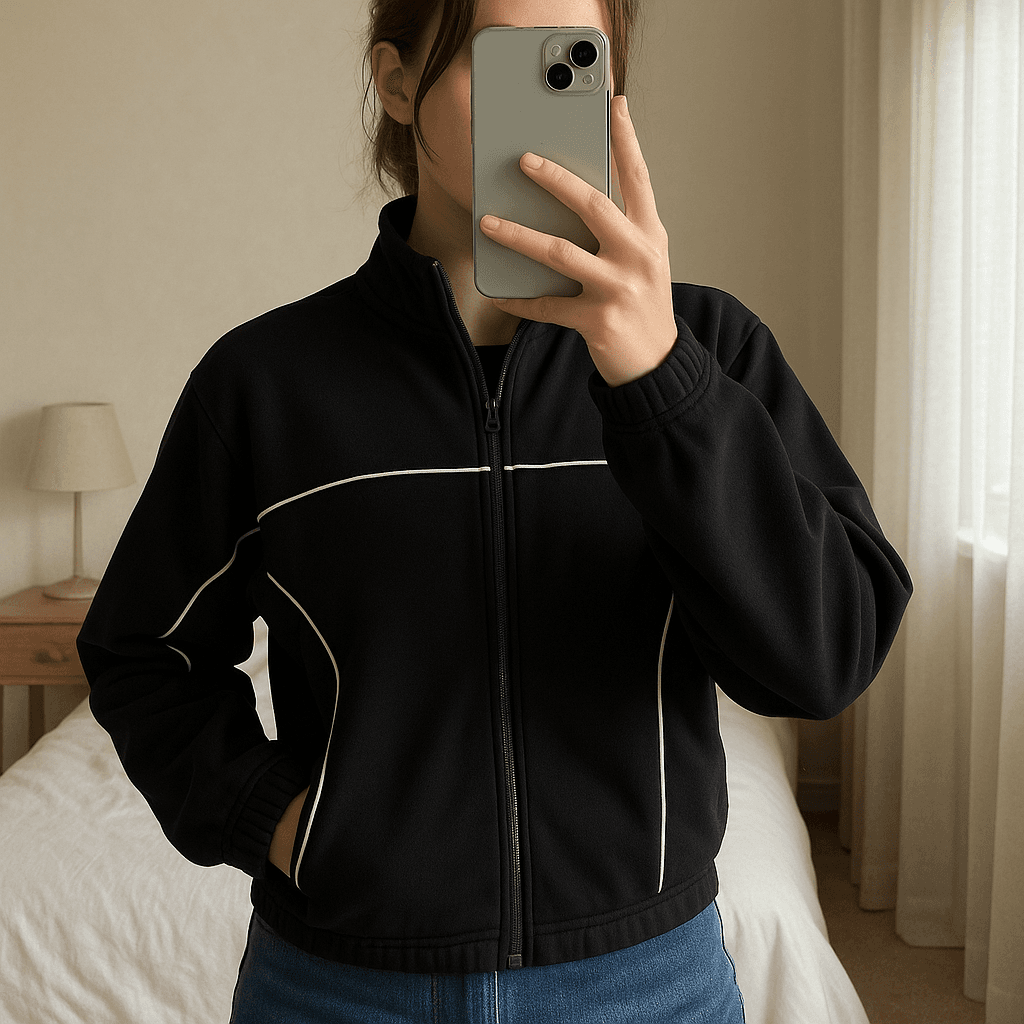 Čierna mikina s reflexnými detailmi standing straight facing the camera, in a softly lit bedroom setting, with gentle natural light filtering through a window.