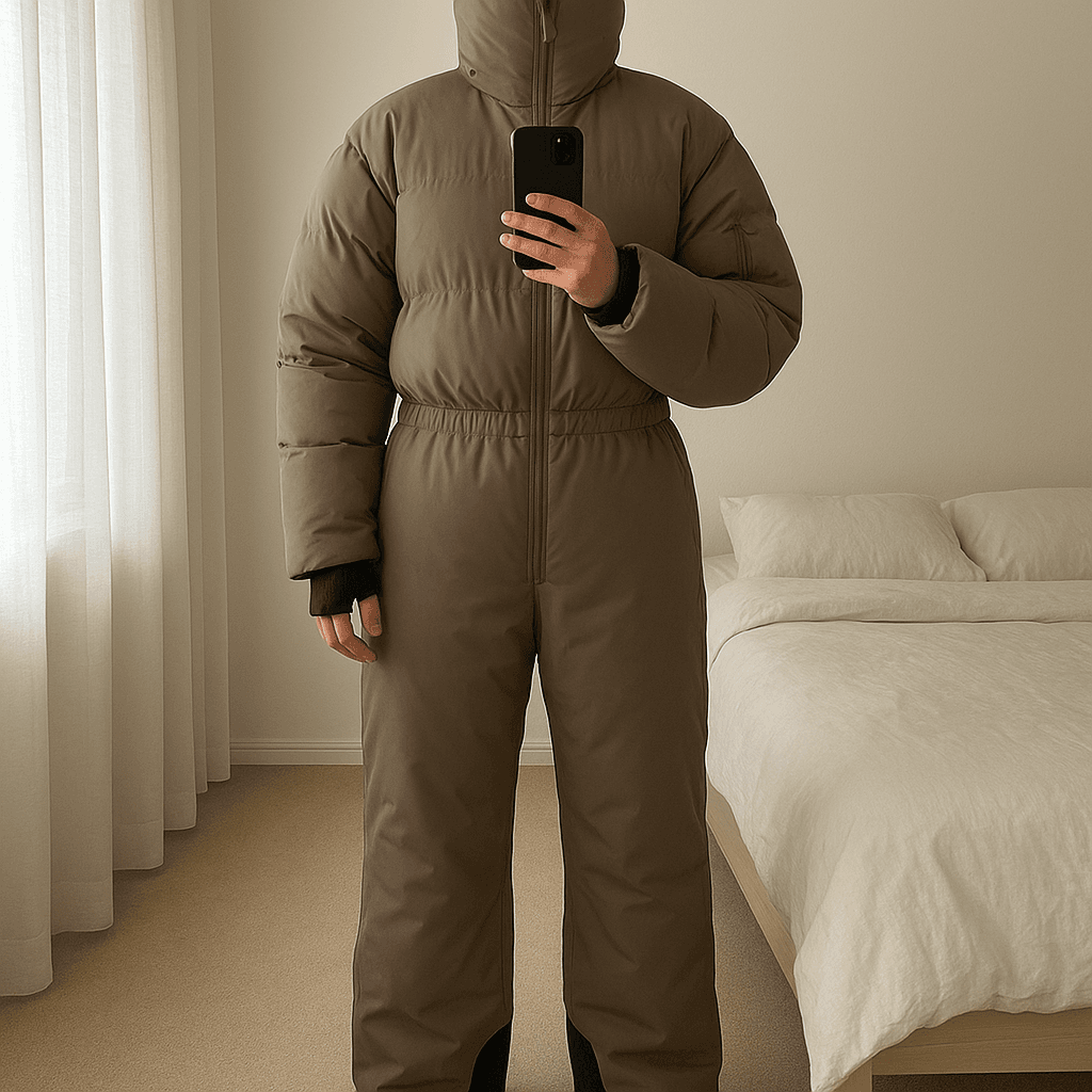 H&M Skianzug / Skioverall | Neu mit Etikett | XL | bei H&M ausverkauft aufrecht stehend, der Kamera zugewandt, in einem sanft beleuchteten Schlafzimmer, mit natürlichem Licht, das durch ein Fenster fällt.