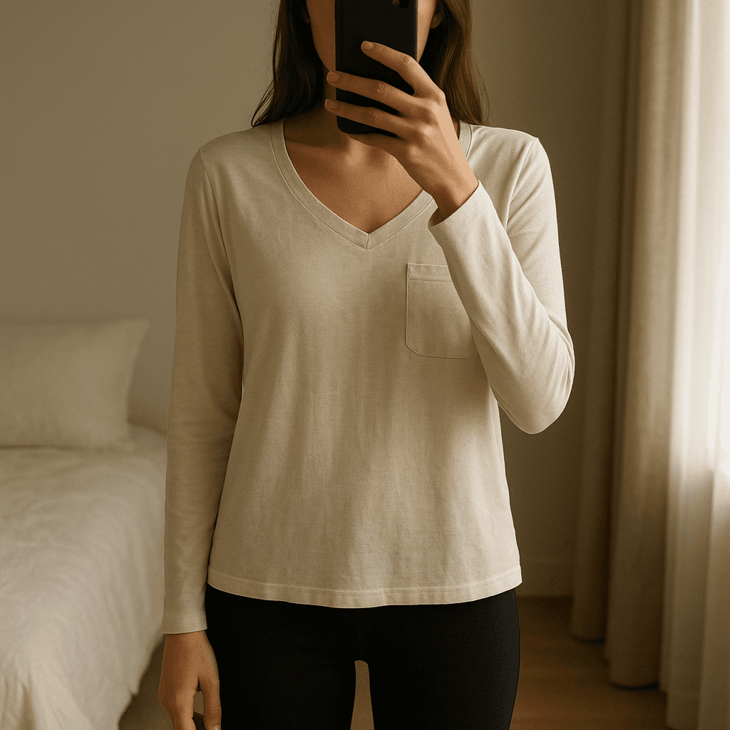 Langarmshirt mit V-Ausschnitt und Brusttasche – Größe M aufrecht stehend, der Kamera zugewandt, in einem sanft beleuchteten Schlafzimmer, mit natürlichem Licht, das durch ein Fenster fällt.