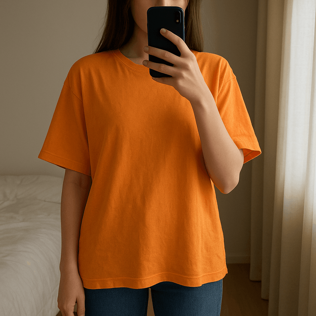 Oranges T-Shirt – Größe M aufrecht stehend, der Kamera zugewandt, in einem sanft beleuchteten Schlafzimmer, mit natürlichem Licht, das durch ein Fenster fällt.