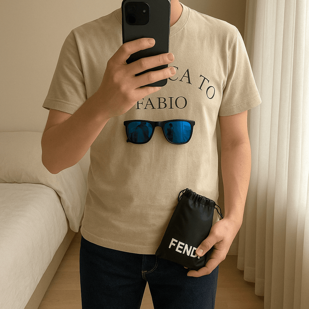 Occhiali da sole Fendi in piedi, rivolto verso la fotocamera, in una camera da letto con luce soffusa e luce naturale che filtra dalla finestra.