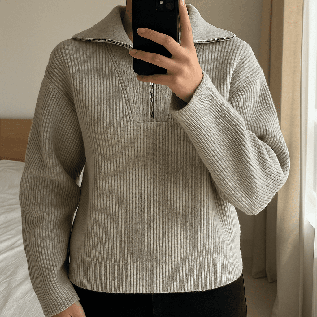 Béžový kardigan so zipsom standing straight facing the camera, in a softly lit bedroom setting, with gentle natural light filtering through a window.