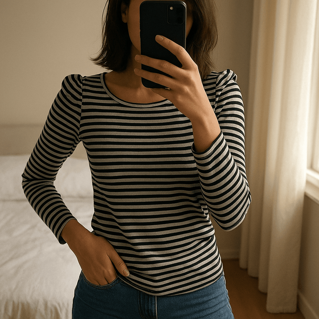 Una persona in Top manches 3/4 promod M - Maglietta Donna inarcando leggermente la schiena per una posa dinamica, in una camera da letto con luce soffusa e luce naturale che filtra dalla finestra.