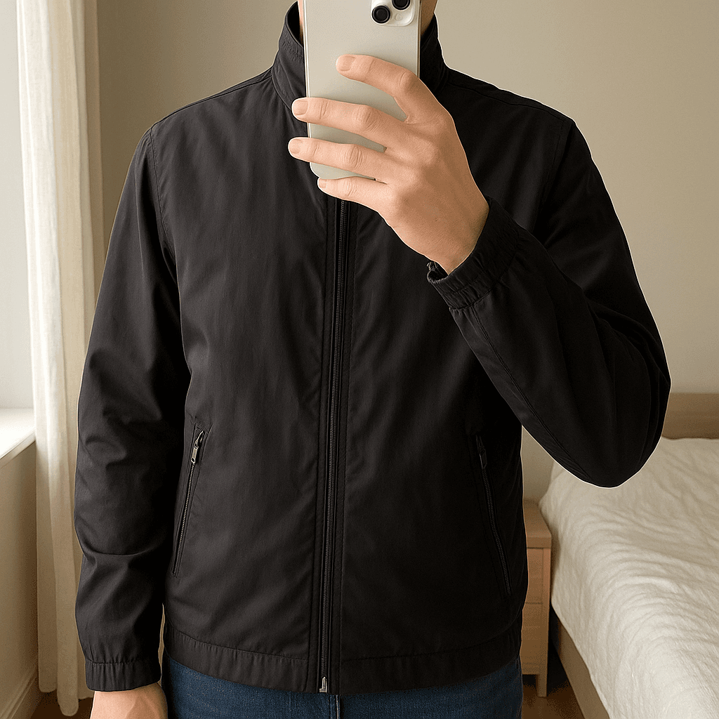 Giacca Marina Yachting in piedi, rivolto verso la fotocamera, in una camera da letto con luce soffusa e luce naturale che filtra dalla finestra.