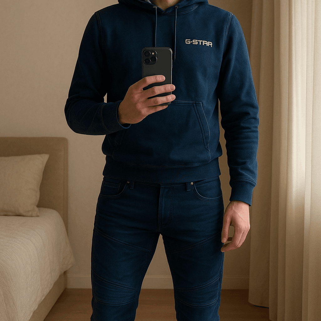 Pantalone in pelle blu Rackam taglia 30/32 – come nuovo in piedi, rivolto verso la fotocamera, in una camera da letto con luce soffusa e luce naturale che filtra dalla finestra.