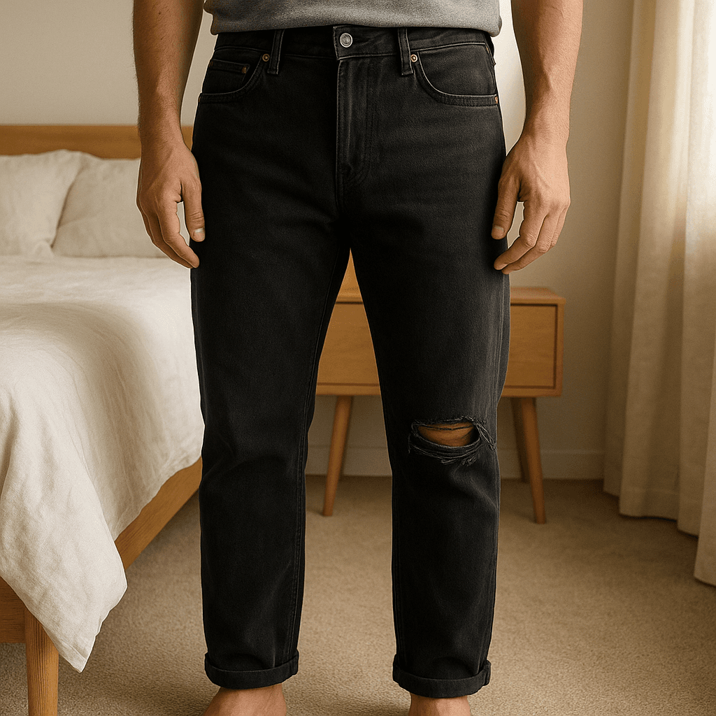 Jeans Gianni lupo tg 48 in piedi, rivolto verso la fotocamera, in una camera da letto con luce soffusa e luce naturale che filtra dalla finestra.