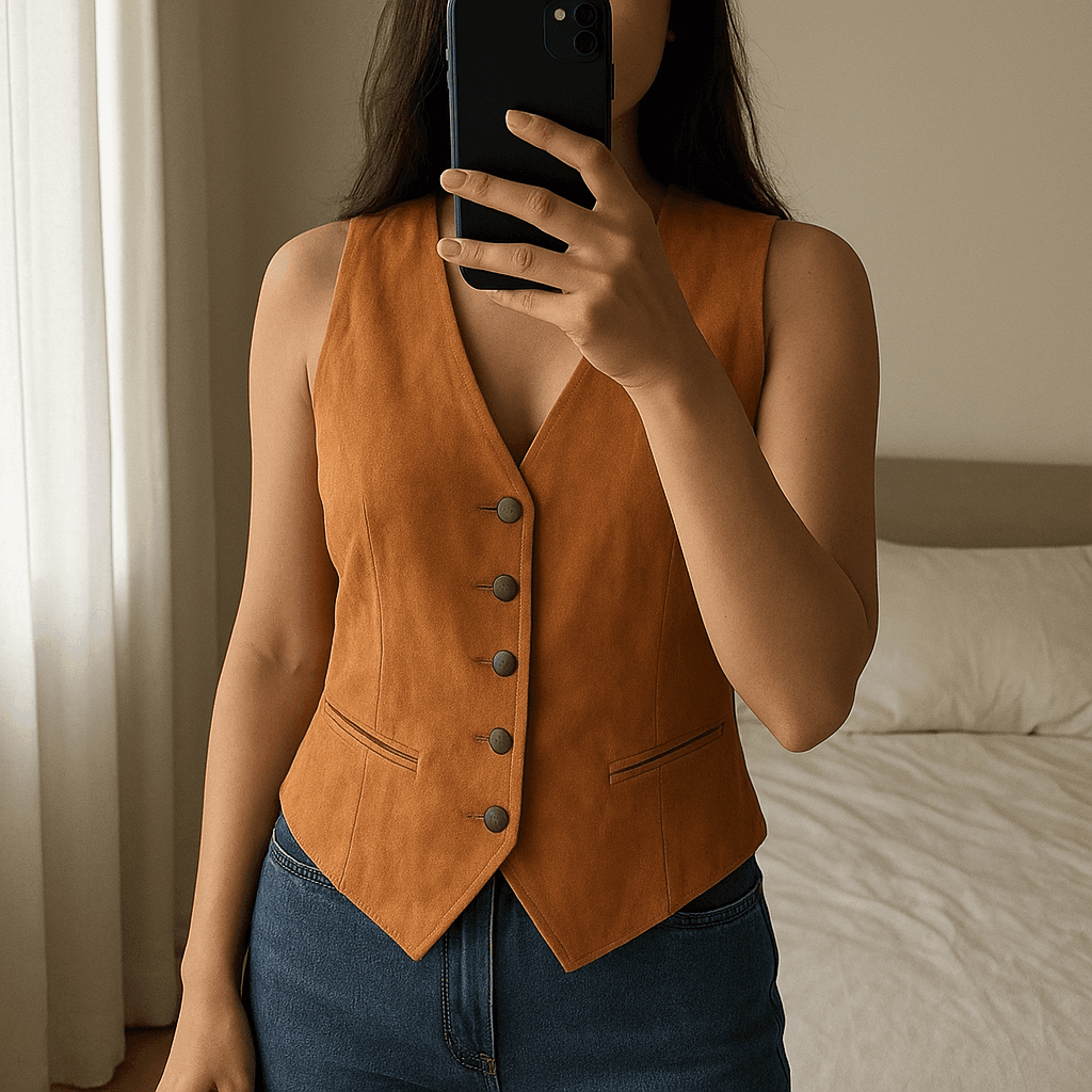 Panciotto in pelle scamosciata da donna in piedi, rivolto verso la fotocamera, in una camera da letto con luce soffusa e luce naturale che filtra dalla finestra.