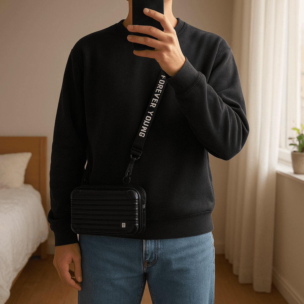 Kleine Umhängetasche „Forever Young“ aufrecht stehend, der Kamera zugewandt, in einem sanft beleuchteten Schlafzimmer, mit natürlichem Licht, das durch ein Fenster fällt.