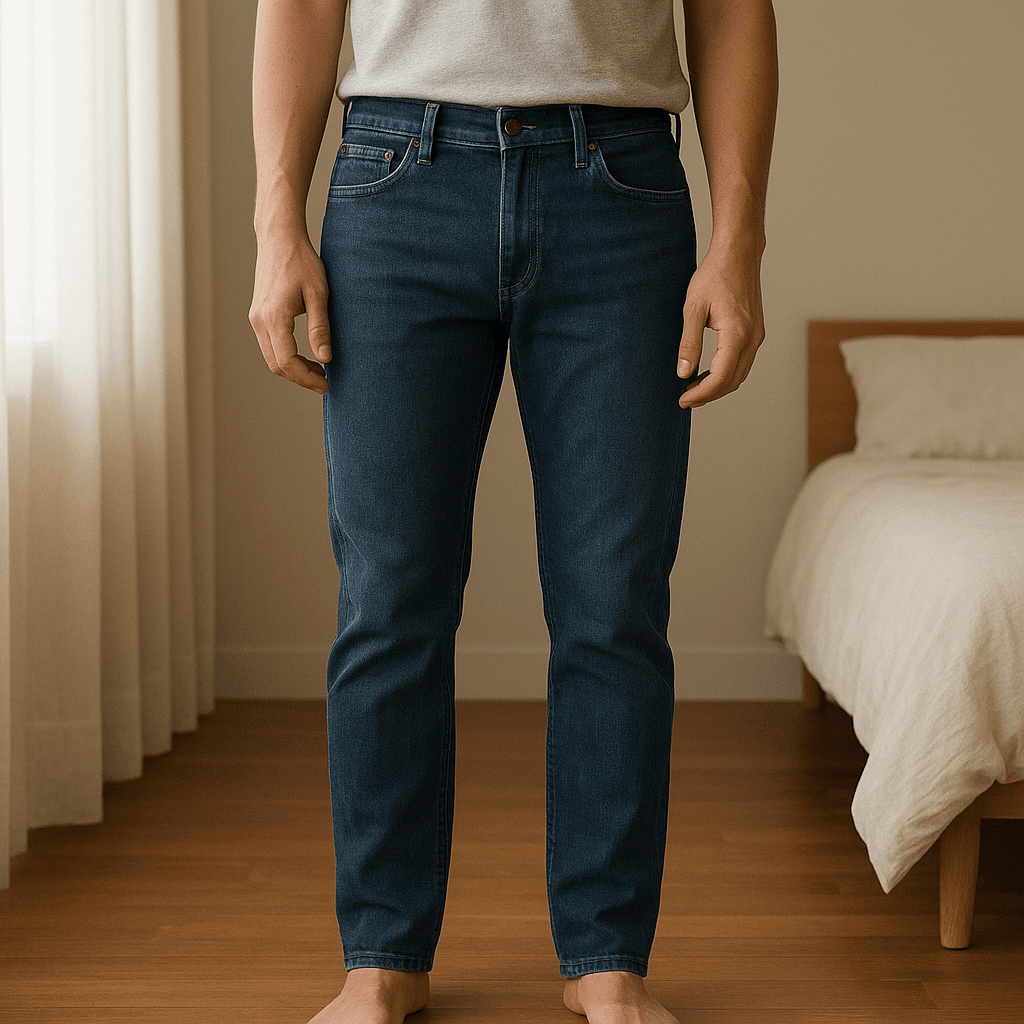 Jeans 720 super skinny Levi’s T27 (S) in piedi, rivolto verso la fotocamera, in una camera da letto con luce soffusa e luce naturale che filtra dalla finestra.