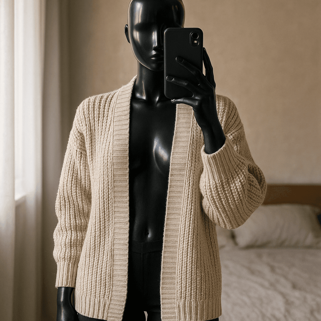 a glossy black plastic mannequin with no facial features in Béžový kardigán Reserved standing straight facing the camera, with a slim body type, in a softly lit bedroom setting, with gentle natural light filtering through a window.
