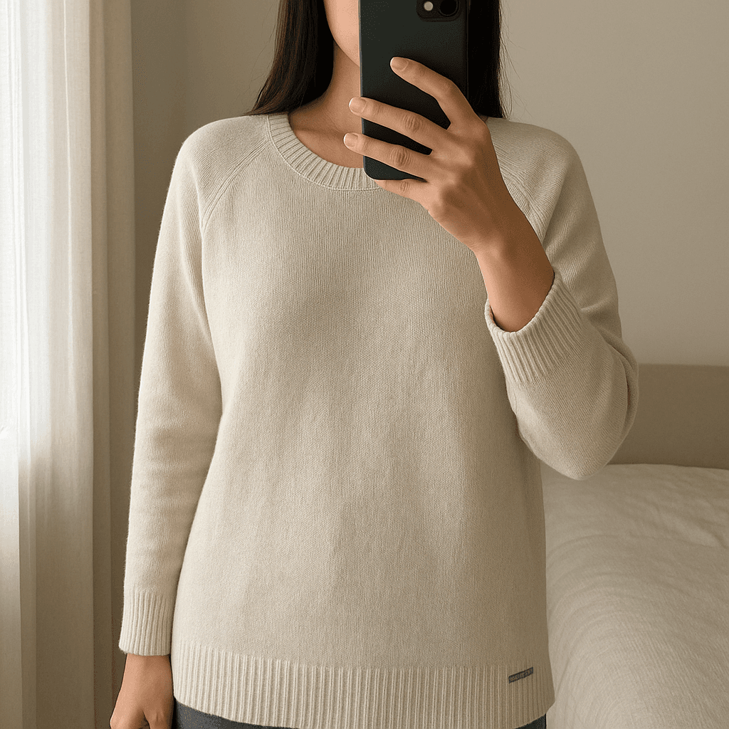 Maglione Woolrich in piedi, rivolto verso la fotocamera, in una camera da letto con luce soffusa e luce naturale che filtra dalla finestra.