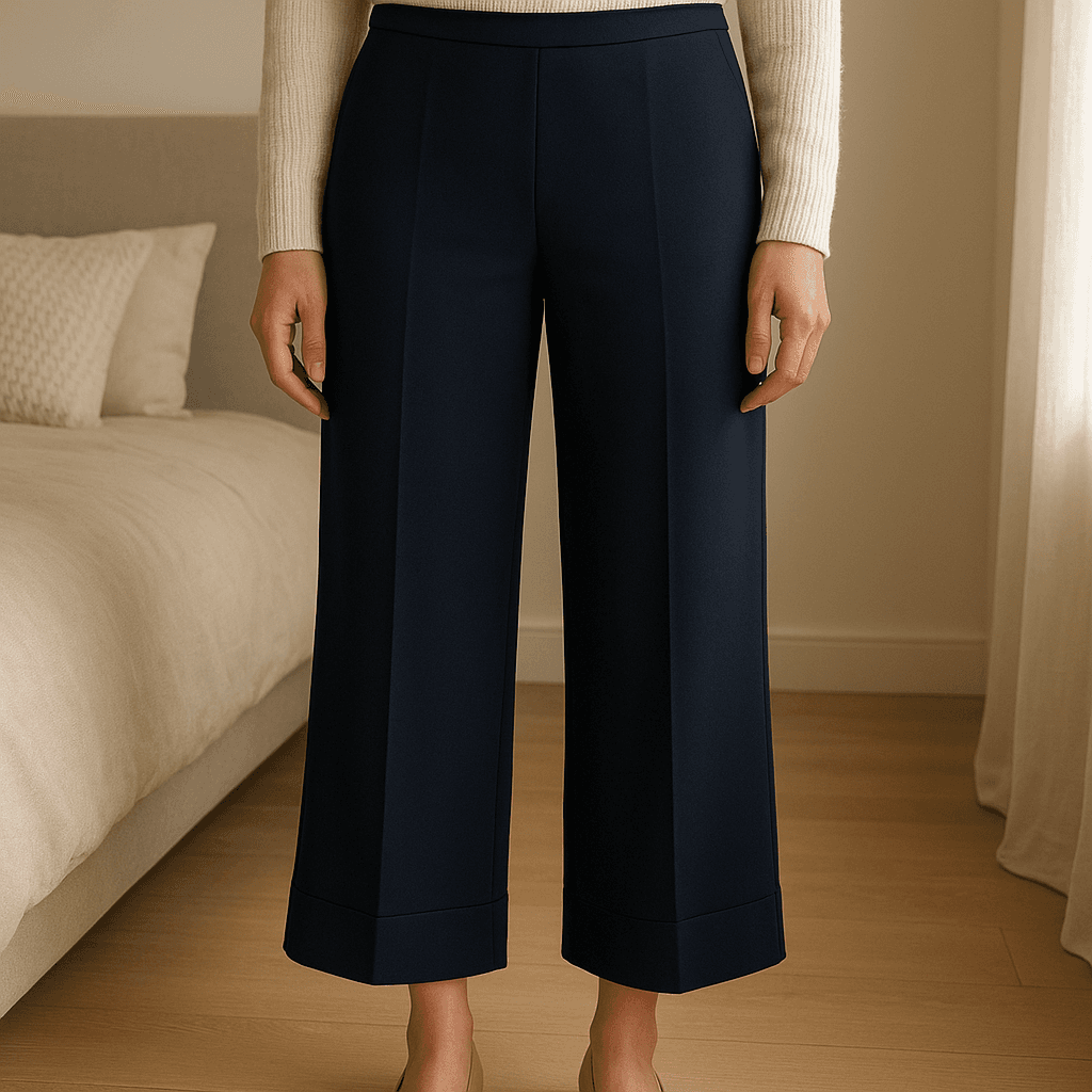 Pantaloni eleganti ampi in piedi, rivolto verso la fotocamera, in una camera da letto con luce soffusa e luce naturale che filtra dalla finestra.