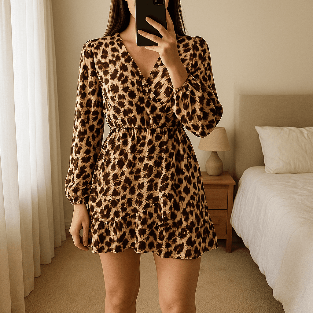 Brand New Animal Print Wrap Style Dress standing straight facing the camera, in a softly lit bedroom setting, with gentle natural light filtering through a window.