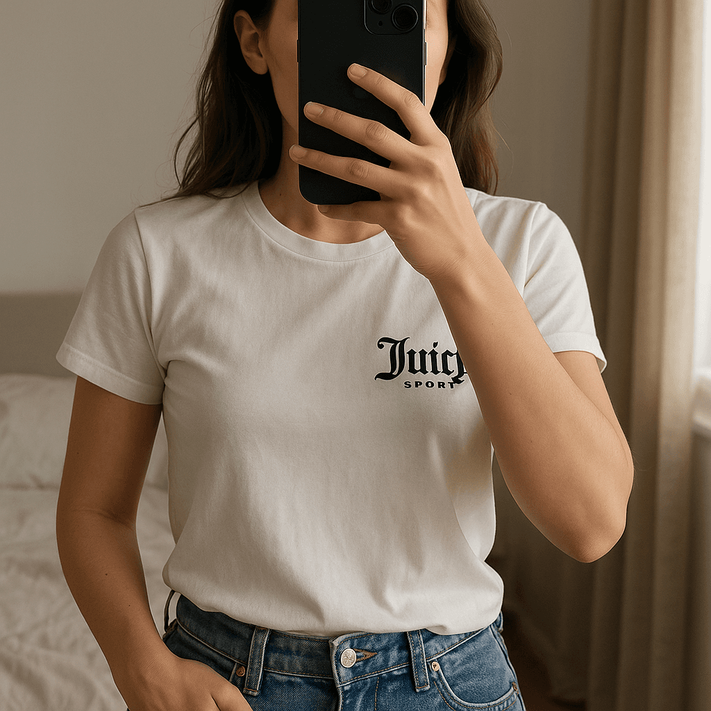 Biele tričko Juicy Couture standing straight facing the camera, in a softly lit bedroom setting, with gentle natural light filtering through a window.