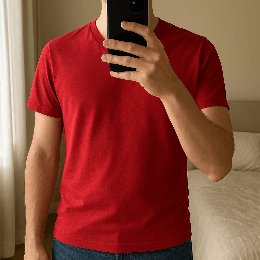 Crew neck mens t shirt standing straight facing the camera, in a softly lit bedroom setting, with gentle natural light filtering through a window.